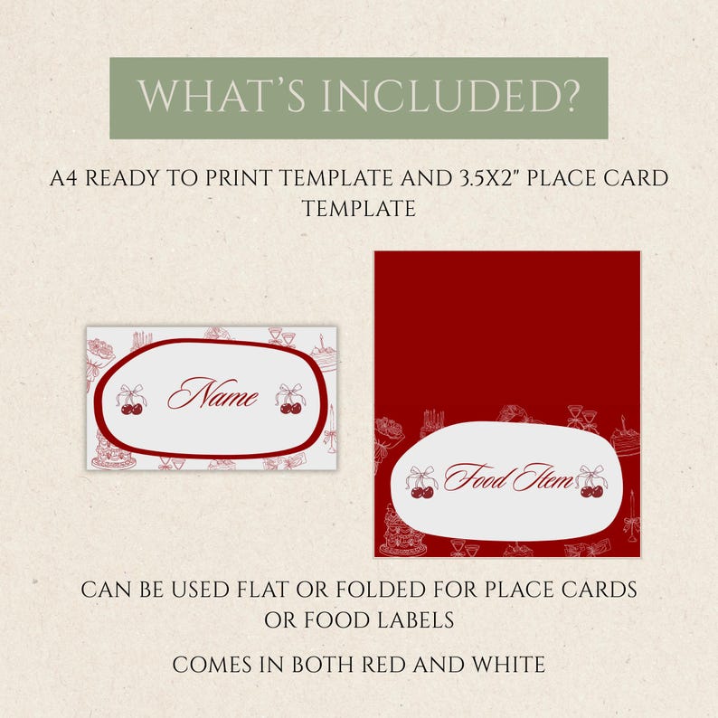 May include: A digital template for place cards or food labels. The design includes a red and white color scheme with a cherry motif. The text on the cards reads "Name" and "Food Item". The template is A4 ready to print.