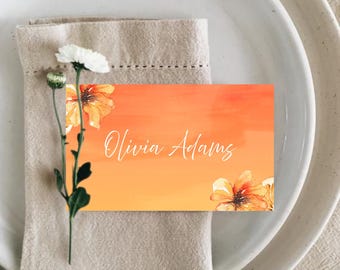Sunset Soiree Editable Place Cards | Printable Name or Food Label Template | Peach & Orange Summer Canva Design | a4 Ready to Print Foldable