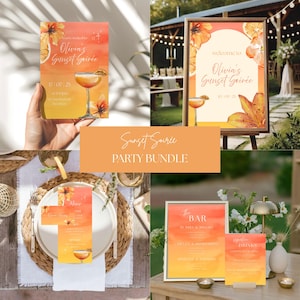 May include: A party bundle with a sunset theme. The invitation, welcome sign, menu, and bar signs feature a watercolor design with orange and yellow gradients, floral accents, and the text "Olivia's Sunset Soirée".
