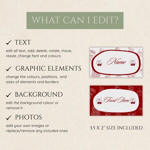 May include: A design template with editable text, graphic elements, background, and photos. Includes two name card examples: one with "Name" and the other with "Food Stem". The cards are 3.5 x 2 inches in size.
