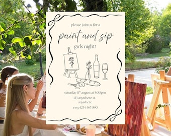Malen und Schlucken Einladung | Girls Night Party einladen | Bearbeitbare Canva Vorlage | Wein und Farbe zum Ausdrucken