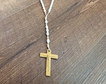 Vintage White Bead Rosary 17 Inch Catholic Prayer Necklace With Cross