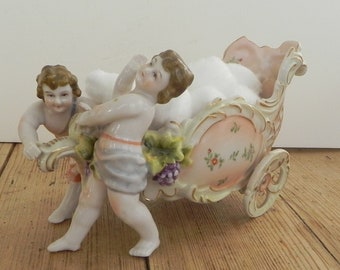 Antique Cherub Pottery Cart Vase Jardiniere with Cherub