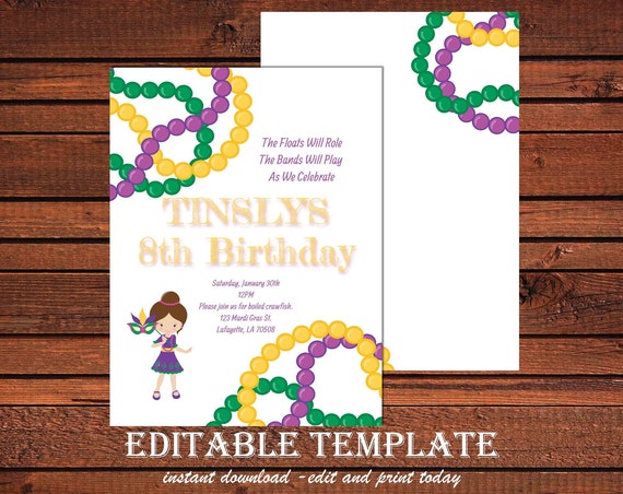 Mardi Gras Birthday Party Invitation, Mardi Gras Party, Parade party, New Orleans Baby, New -190