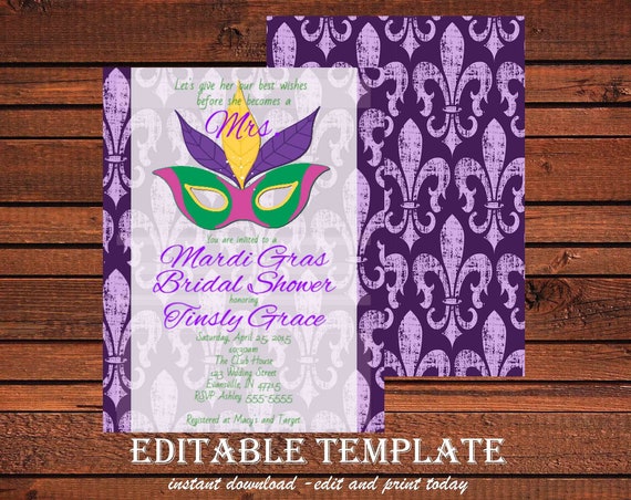 Mardi Gras Bridal Shower Invitation, Louisiana Wedding Shower Invitation, Carnival Shower party Invitation 143