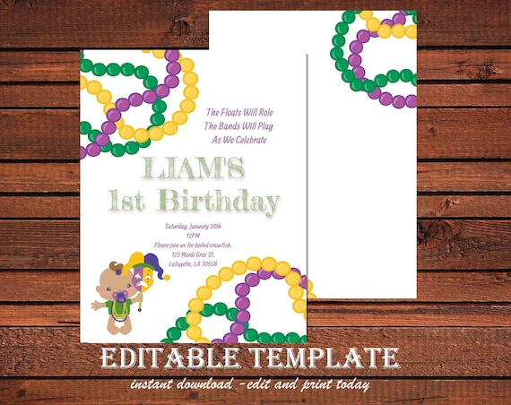 Mardi Gras Birthday Party Invitation, Mardi Gras Party, Parade party, New Orleans Baby, New -197