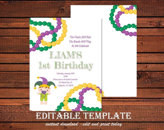 Mardi Gras Birthday Party Invitation, Mardi Gras Party, Parade party, New Orleans Baby, New Orleans Birthday Invitation-204
