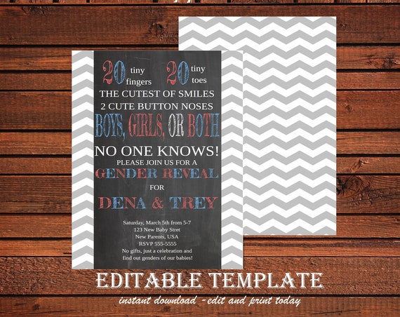 Twins Gender Reveal Invitation Template, Twins Invitation Editable, Twins Baby Reveal Template, 118
