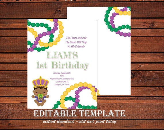 Mardi Gras Birthday Party Invitation, Mardi Gras Party, Parade party, New Orleans Baby, New -198