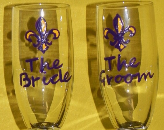 LSU wedding champagne flutes, LSU tigers wedding glasses