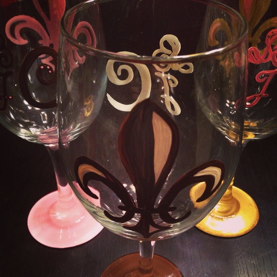 Fleur De Lis Wine Glass with monogram on the back monogrammed wedding gift 209