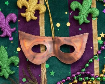 Signed 1990 Copper Mardi Gras Mask Ornament Vintage Hanging Decor