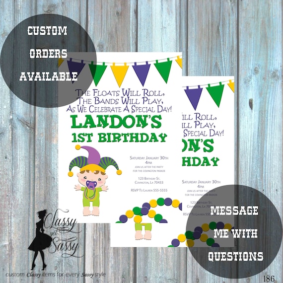 Mardi Gras Birthday Party Invitation, Mardi Gras Party, Parade party, New Orleans Baby, New -187