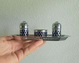 Cobalt Blue Mini Condiment Set w/ Chrome Tray Vintage