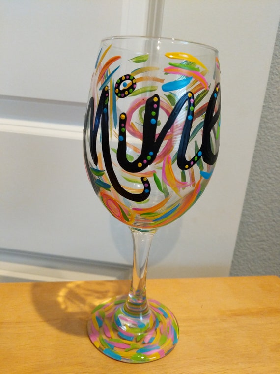 Mine, Handpainted glass, Ready to ship birthday gift! Painted Wine glass My wineglass, bright fun wineglass