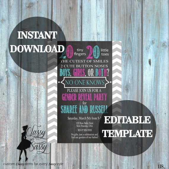 Twins Gender Reveal Invitation Template, Twins Invitation Editable, Twins Baby Reveal Template, 118