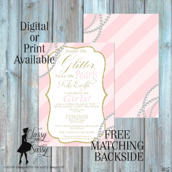 Twin Girls Baby Shower Invitation, Double the Glitter Double the Pearls Glitter Baby Shower 017