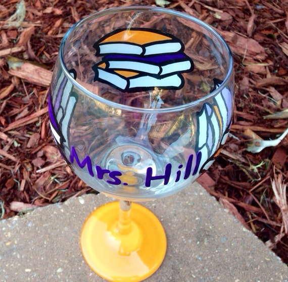 Library Books Painted Wine Glass