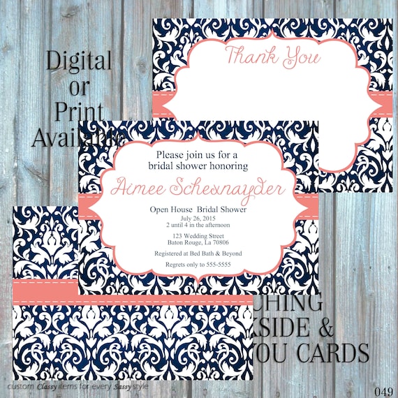 Navy Blue and Coral Bridal Shower Invitation, Damask Bridal Shower Invitation, Rehearsal Dinner Invitation, Couples Shower Invitation 049
