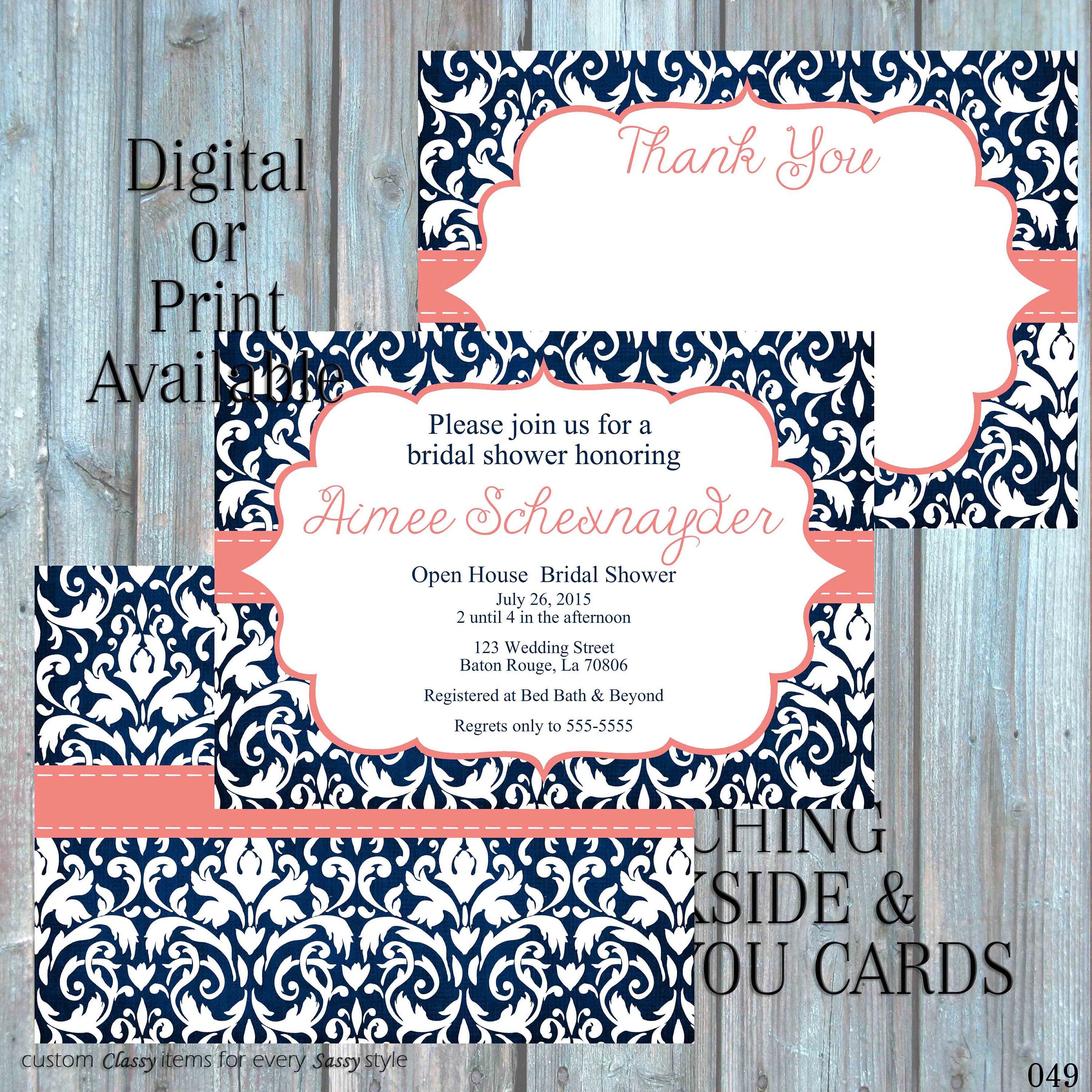 Navy Blue And Coral Bridal Shower Invitation Damask Bridal Etsy