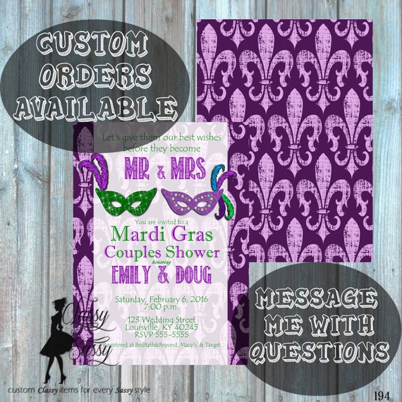 Mardi Gras Couples Shower Invitation, Masquerade Engagement Shower Invitation, Carnival Shower party Invitation 194