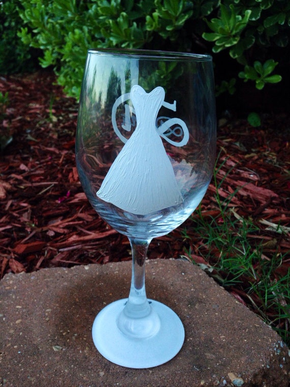 Bride wedding dress wineglass with monogram name wine glass set