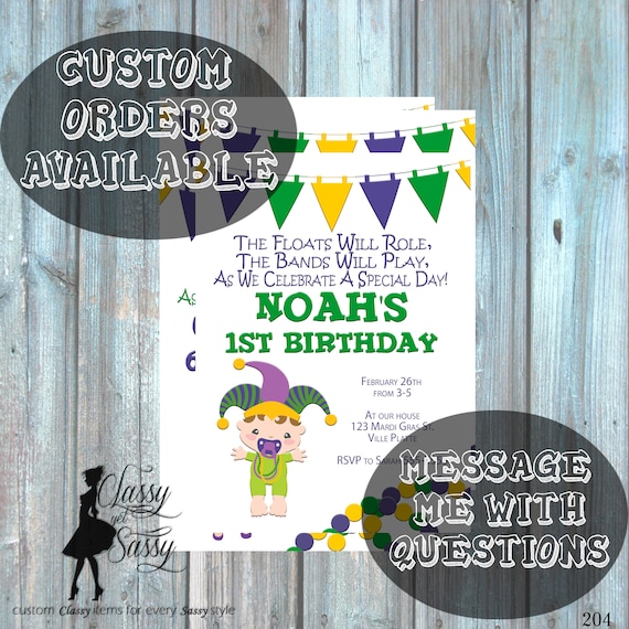 Mardi Gras Birthday Party Invitation, Mardi Gras Party, Parade party, New Orleans Baby, New Orleans Birthday Invitation-204