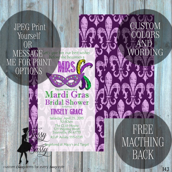 Mardi Grad Bridal Shower Invitation, Louisiana Wedding Shower Invitation, Carnival Shower party Invitation 206