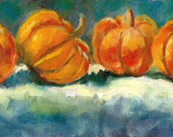 Four Pumpkins in a Row, Pumpkin painting, small oil painting, fruit painting, wall decor, food art, kitchen art by Marlene Lee Art