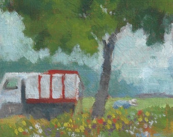 Worker at Truck, landscape oil painting, farmlands