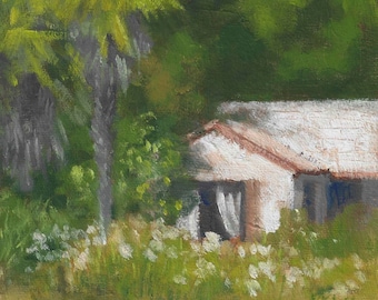 Palm tree in front of the house, landscape painting, oils