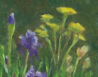 Irises and Yarrows oil painting of flowers in a garden, wall decor