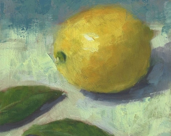 Lemon with Leaves, oil painting for the kitchen