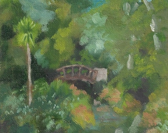 The Bridge at the Arboretum, landscape oil painting, northern California