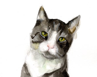 Watercolor Portrait of a Gray Cat by Marlene Lee Art