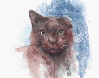 Watercolor Cat Portrait of an One Ear Cat by Marlene Lee Art,