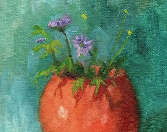 still life oil painting, Orange Vase with Purple Flowers