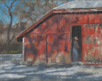 Red Barn in Morning Light, barn oil painting, 2022
