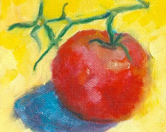 May include: A single red tomato with a green stem, painted in a realistic style, on a yellow background with a blue shadow.