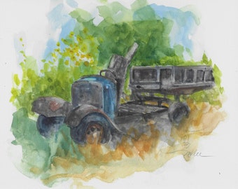 Old tractor on a farm, landscape watercolor painting