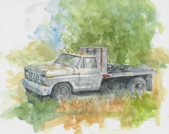 White Truck in a Farm, landscape oil painting