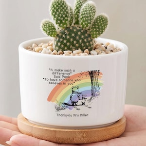 Personalized Teacher Planter, Thank You Teacher Gift, Custom Succulent Pot, Storybook Bear Rainbow Plant Pot, Classroom Decor