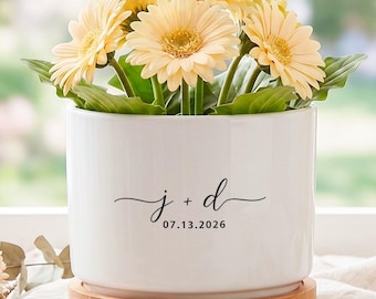 Maceta personalizada para parejas, maceta con iniciales personalizadas, regalo de aniversario para parejas, maceta con fecha de boda, maceta de cerámica con forma de girasol.