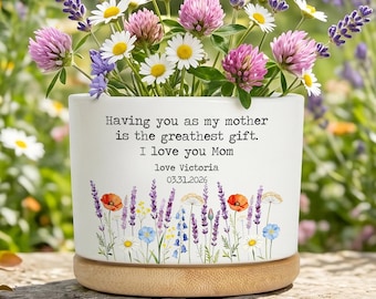 Personalized Mom Flower Pot, Custom Mother’s Day Planter, Gift for Mom from Daughter Son,Floral Ceramic Pot with Wooden Base,Gift for Mother