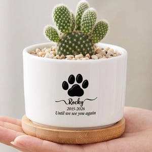 May include: A white ceramic planter with a small cactus, filled with pebbles. The planter has a black paw print design and the name "Rocky" with dates 2015-2026 and the phrase "Until we see you again". The planter sits on a wooden coaster.
