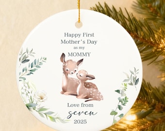 First Mother’s Day Ornament from Bump or Baby, Personalized Mommy Ceramic Ornament, Baby Deer Keepsake, Custom Name and Year Gift