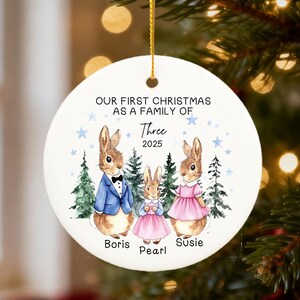 May include: A round Christmas ornament with a gold string, featuring a family of three rabbits in watercolor style. The ornament reads "Our First Christmas as a Family of Three 2025" with names below the rabbits.