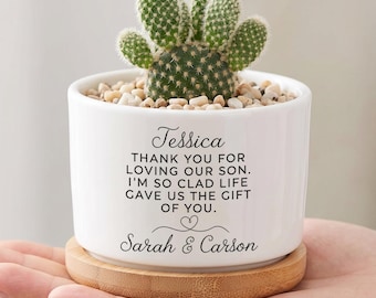 Maceta de regalo para futura nuera, regalo personalizado para despedida de soltera, maceta "Gracias por amar a nuestro hijo", recuerdo de boda