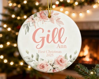 Adorno navideño para el primer bebé, Adorno navideño personalizado para bebé, Adorno navideño floral rosa, Adorno navideño para bebé, Regalos navideños, Regalos para bebé