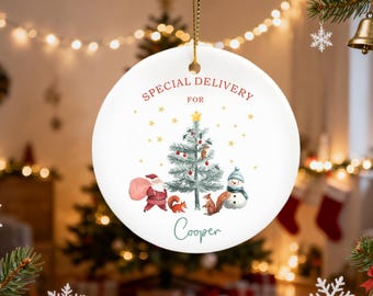 Baby's First Christmas Decoration | Keepsake Christmas Bauble Gift Ceramic Ornament | Personalised Baby's 1st Christmas Scene Decoration